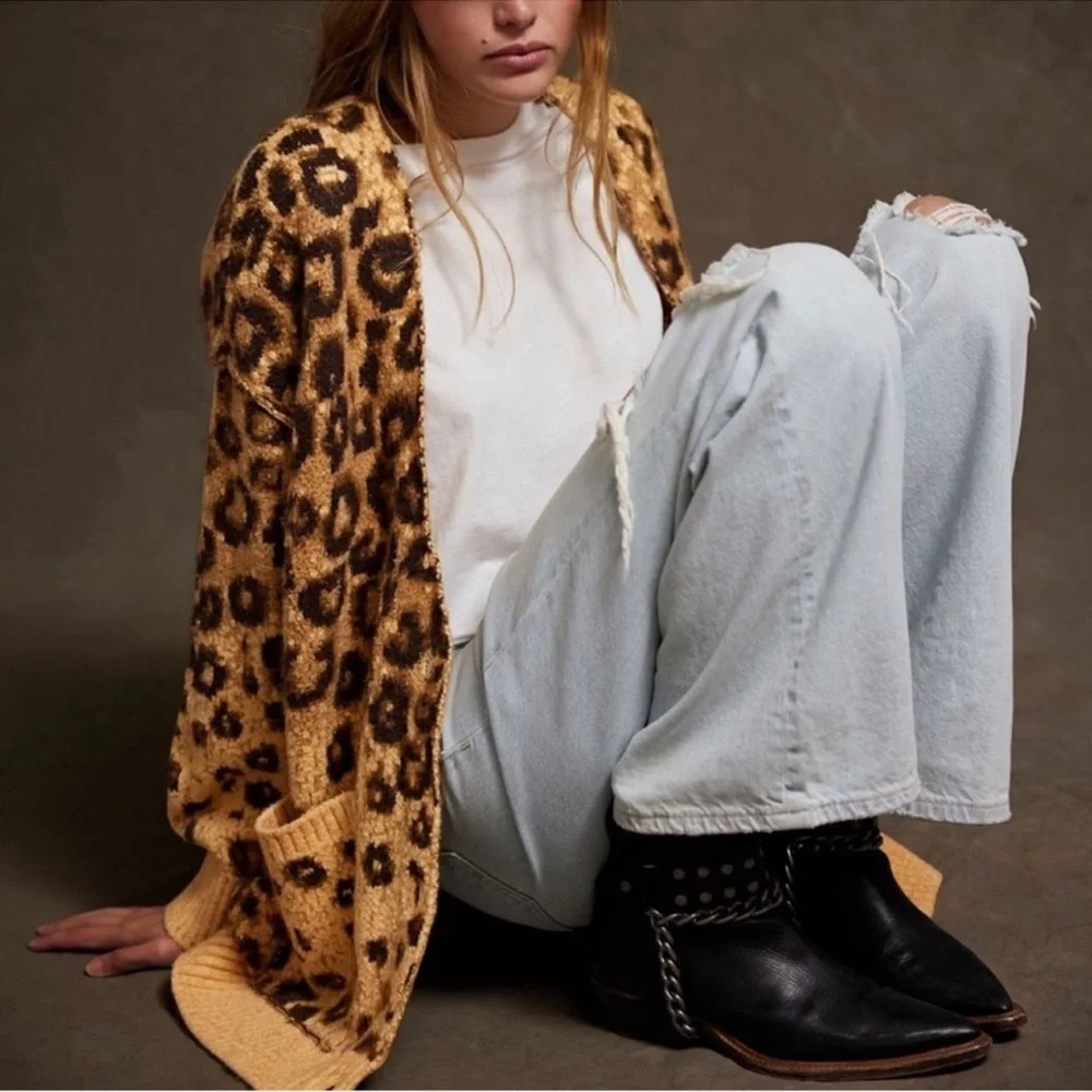 Free People State Side Leopard Print Cardigan in Tan and Brown - Picture 4 of 9